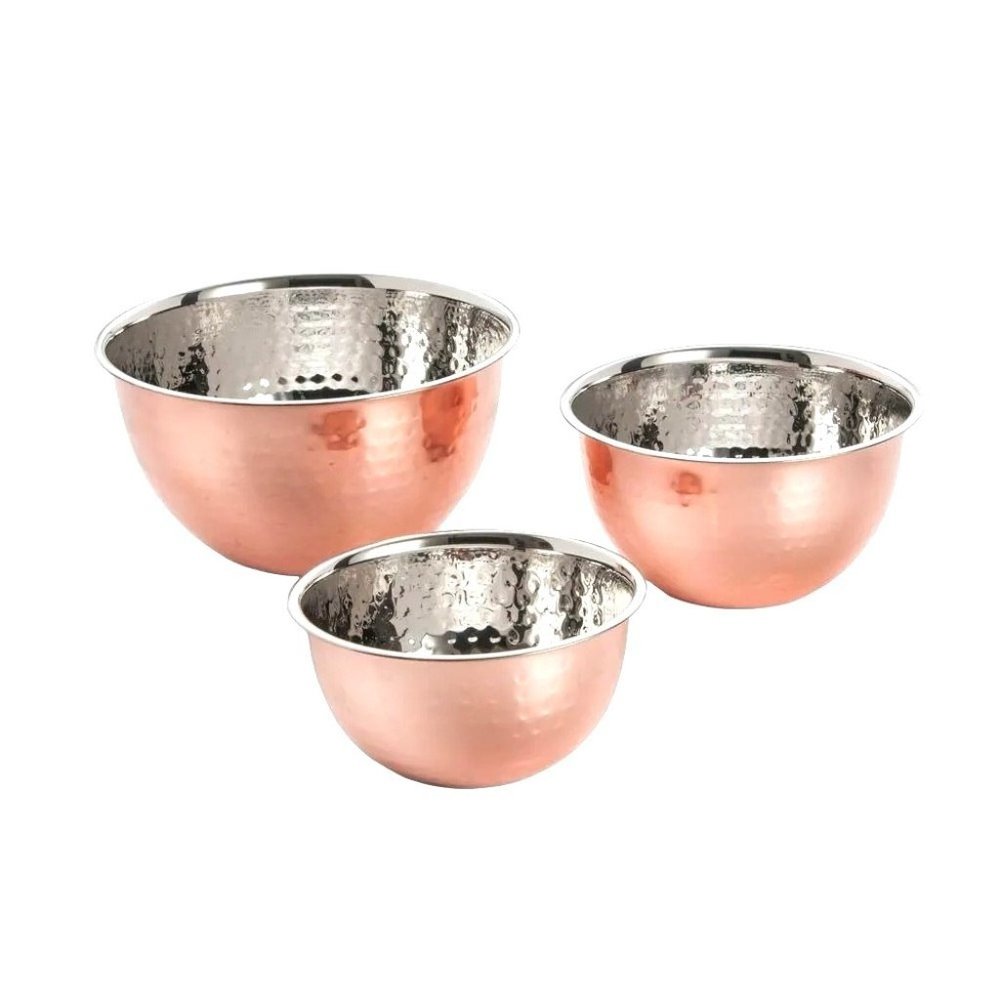 Home Essentials Set 3 Hammered Mixing Bowls Copper w/Stainless Steel Interior